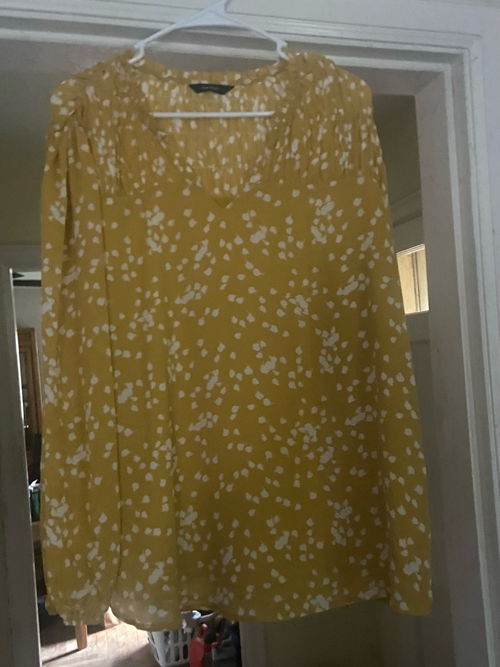 Mustard Yellow Floral Peasant Blouse with Smocked Neckline
